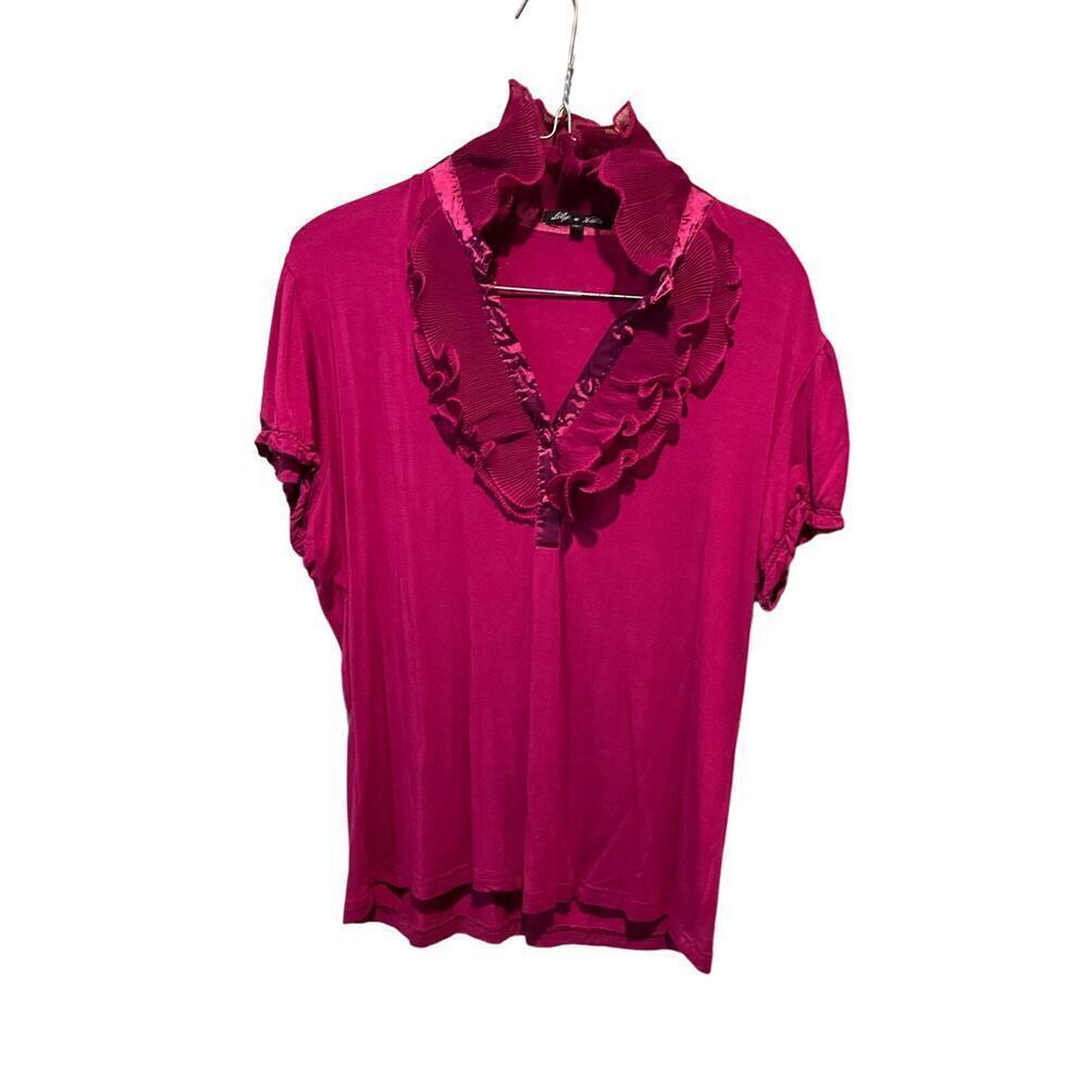 Lily &‎ Kate Ruffle Blouse Top Women's Size XL Purple Puff Short Sleeve V-Neck